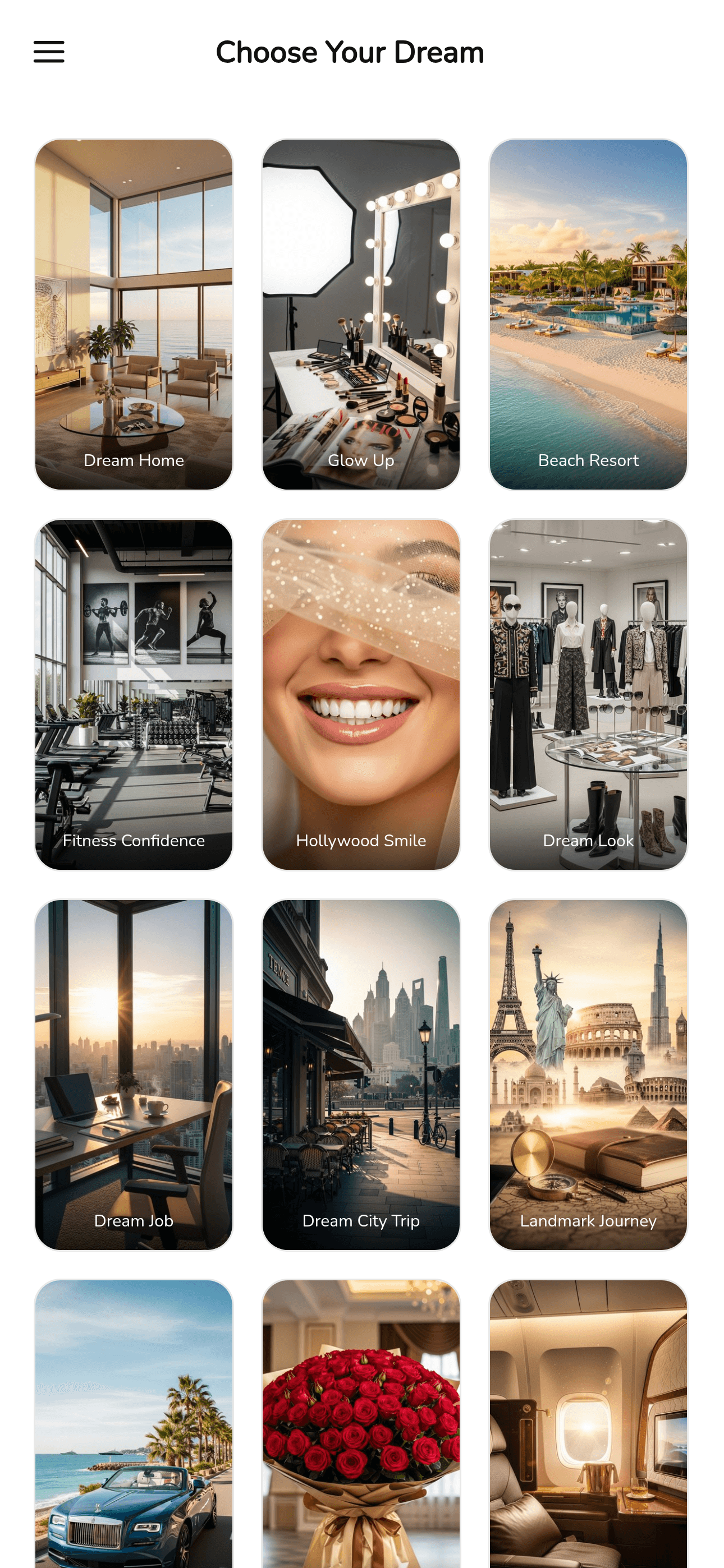 MyDream.Video app template selection screen