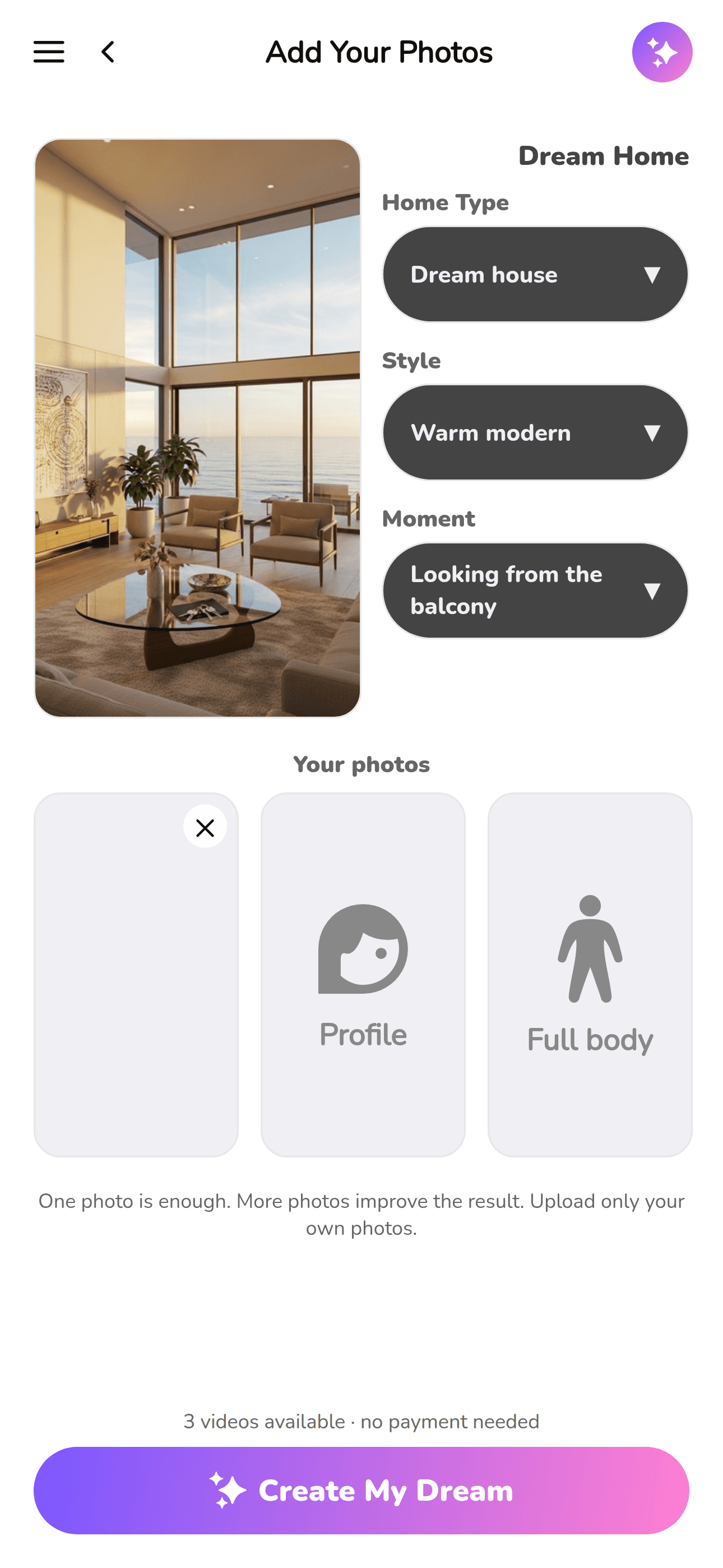 MyDream.Video app photo upload screen