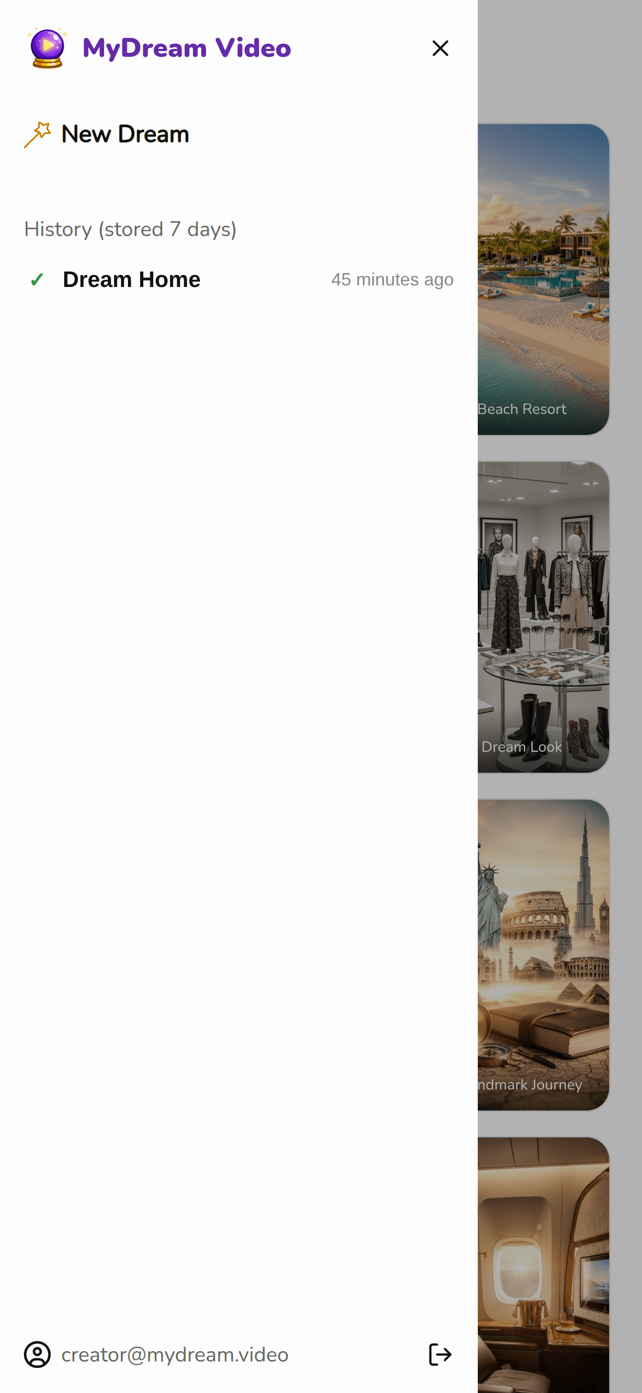 MyDream.Video app menu and history screen